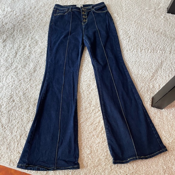 Modcloth Button Fly Flare Jeans,Indigo dark wash high waist Large 29 - Picture 2 of 9